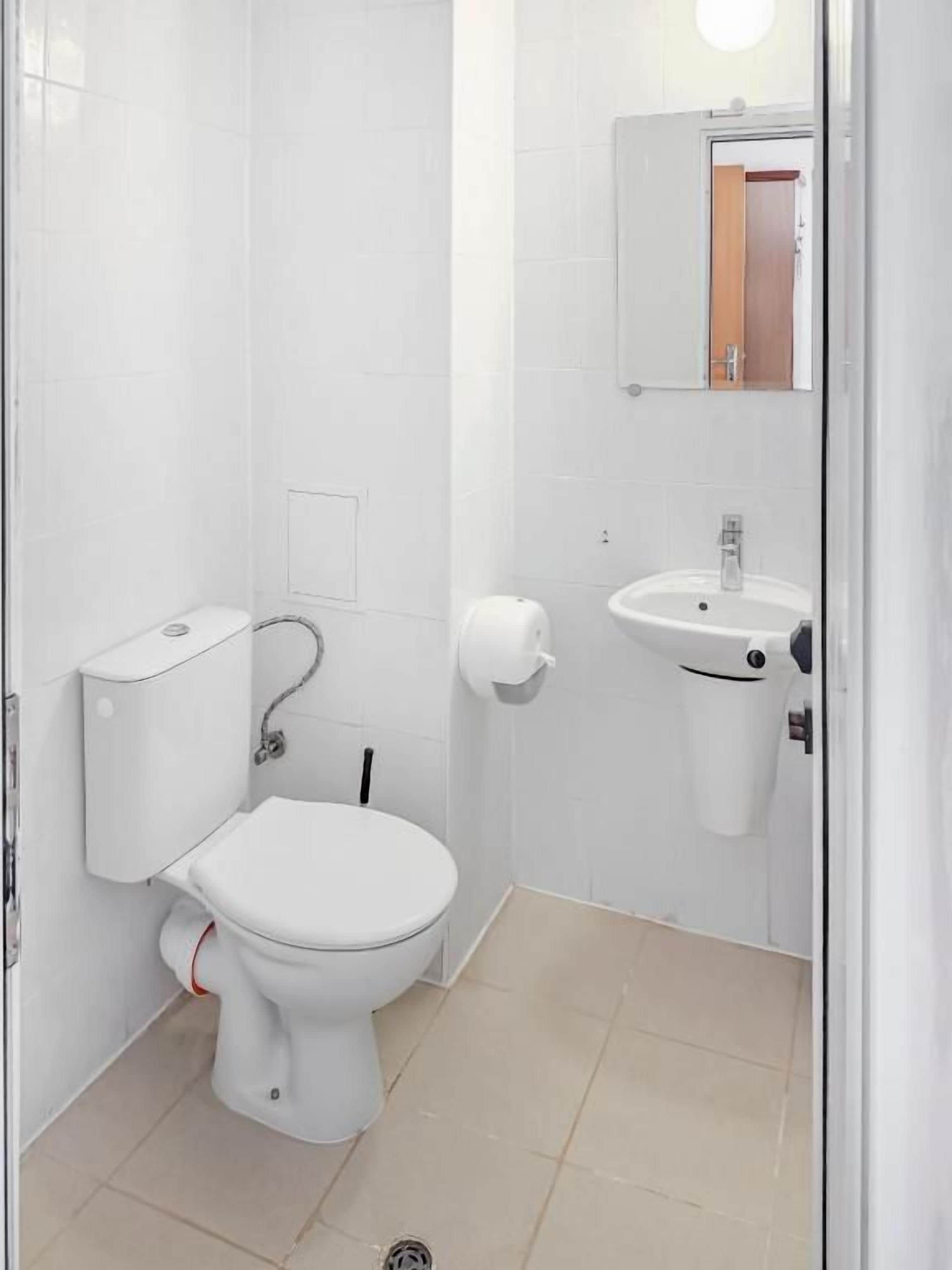 Een kleine, schone badkamer met toilet, wastafel en spiegel.