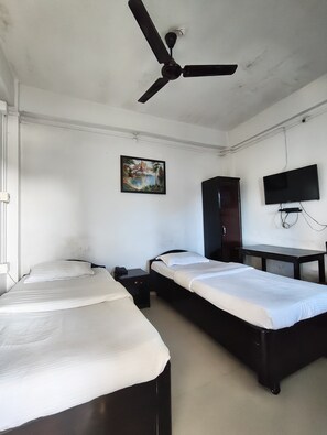 A room with two beds, a ceiling fan, a TV, and a painting on the wall.