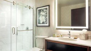 Un bagno moderno con cabina doccia in vetro, un water, un mobile lavabo con specchio e articoli da toilette.