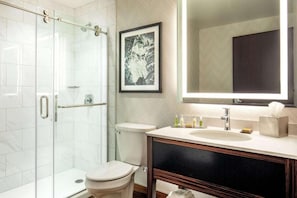 Un baño moderno con cabina de ducha de vidrio, inodoro, tocador con espejo y artículos de aseo.