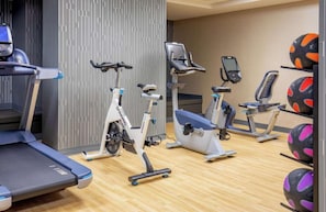 A gym with stationary bikes, treadmills, and exercise balls.