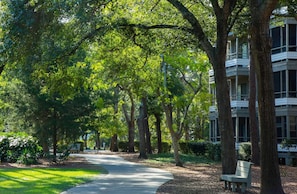 A pathway lined with trees and a bench, leading to a building with multiple windows. - 1BR Villa Near Beach + On-site Dining, Pool & Gym (Myrtle Beach)