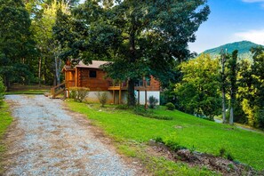 Una baita di legno con un portico, circondata da vegetazione lussureggiante e un vialetto sterrato che vi conduce.