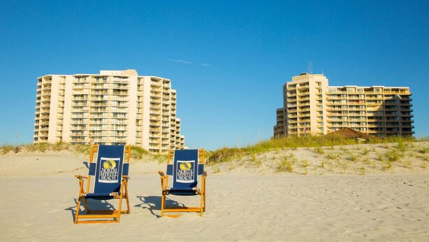 Duas cadeiras de praia com a marca 'North Myrtle Beach' em uma praia arenosa, com dois edifícios altos ao fundo.