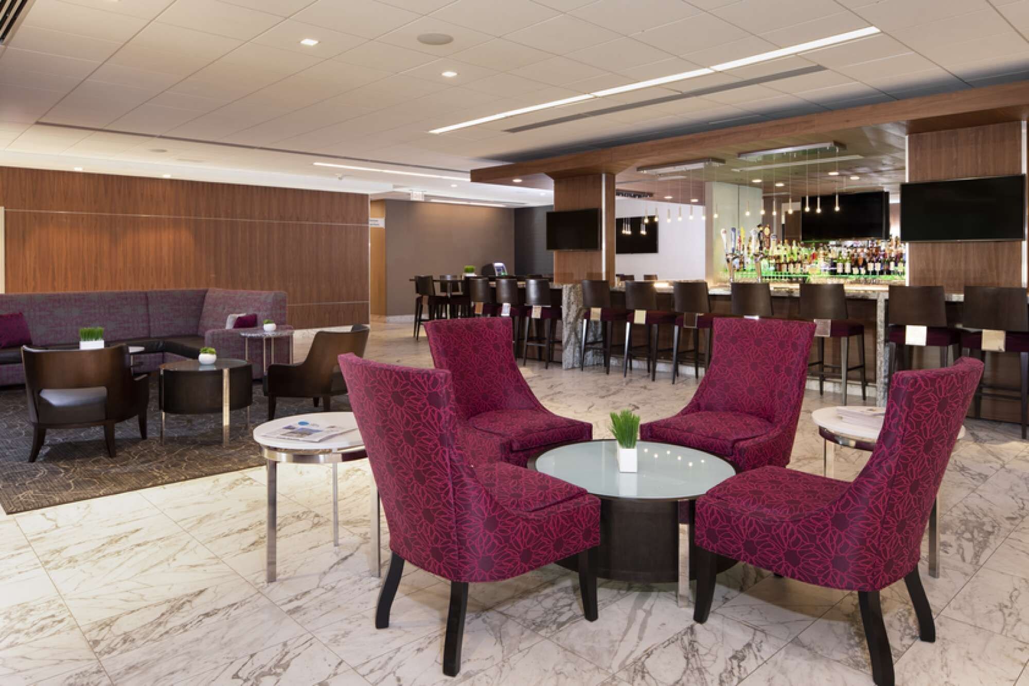 Een lobby met een zithoek met ronde tafels en stoelen, een bar met een toonbank en barstoelen, en een aan de muur bevestigde televisie.