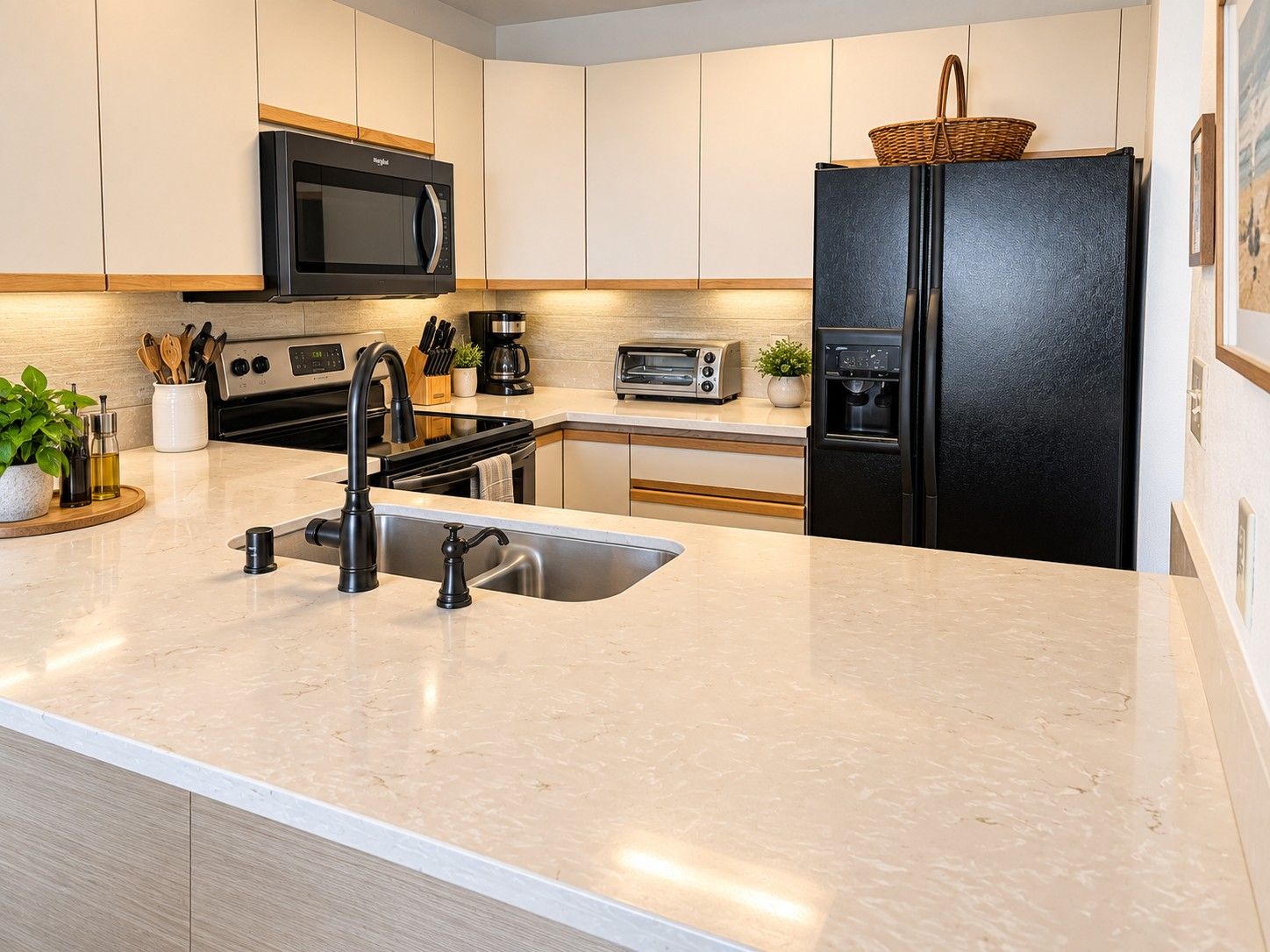 A modern kitchen with a black refrigerator, a microwave, a toaster, and a sink.