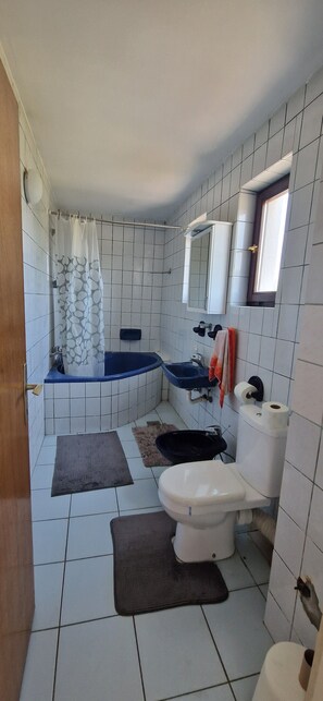 Ein Badezimmer mit Badewanne, Toilette, Waschbecken und Duschvorhang.