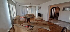 Ein Wohnzimmer mit einer Couch, einem Fernseher und einem Fellteppich auf dem Boden.