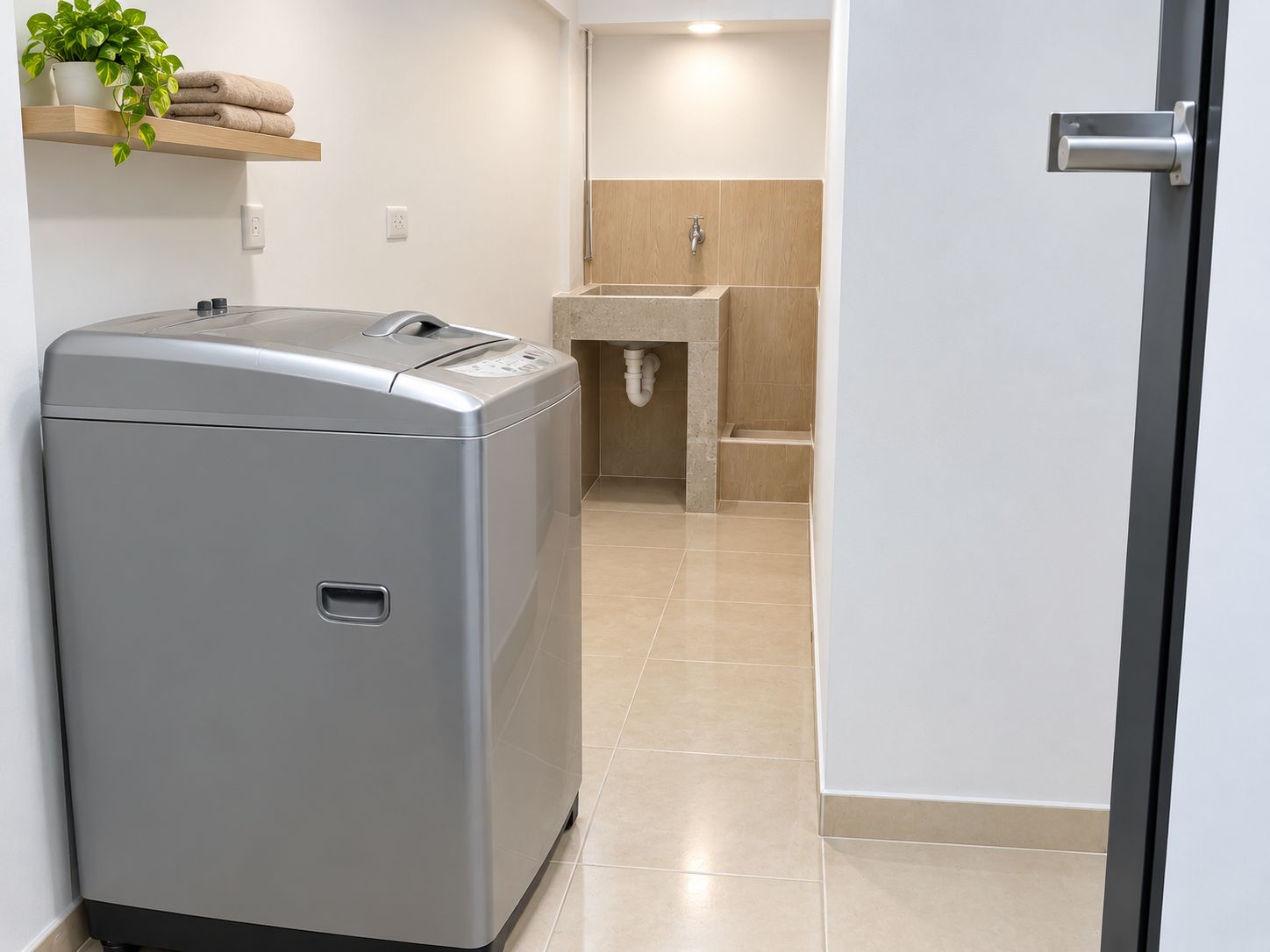 A compact, modern laundry room with a front-loading washing machine, a sink, and a towel rack.