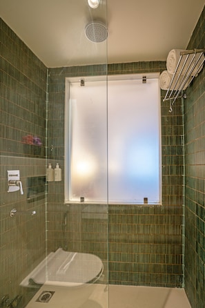 Ein Badezimmer mit großem Fenster, Dusche und Handtuchhalter.