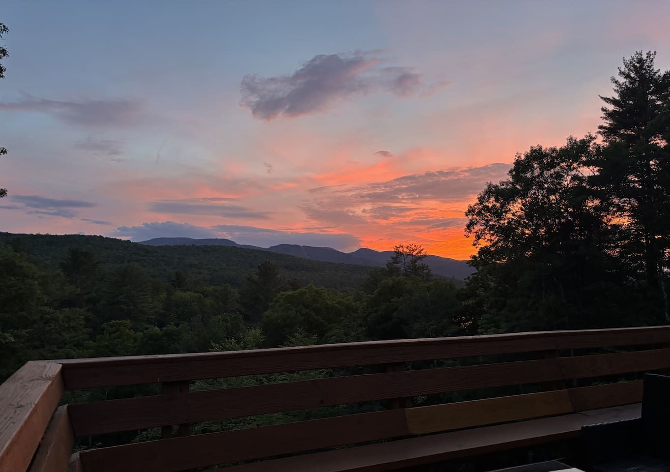 Un banco con vistas a un paisaje boscoso al atardecer.