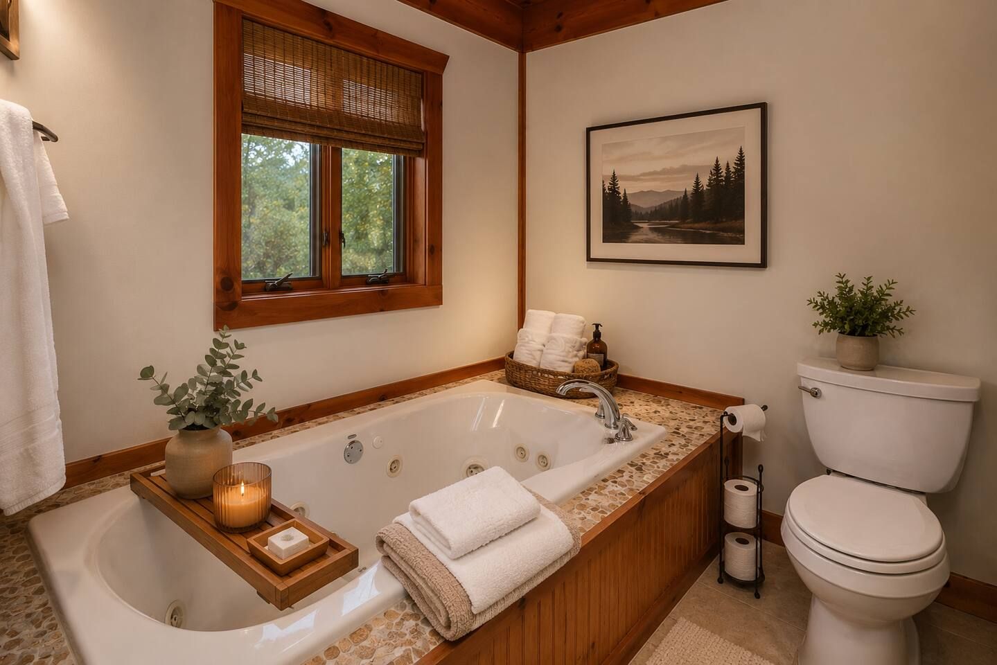 A bathroom with a freestanding bathtub, a toilet, a window with a view of trees, and a framed picture on the wall.
