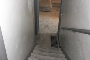 Una escalera estrecha con barandilla de metal, peldaños alfombrados y una reja metálica en la parte inferior.