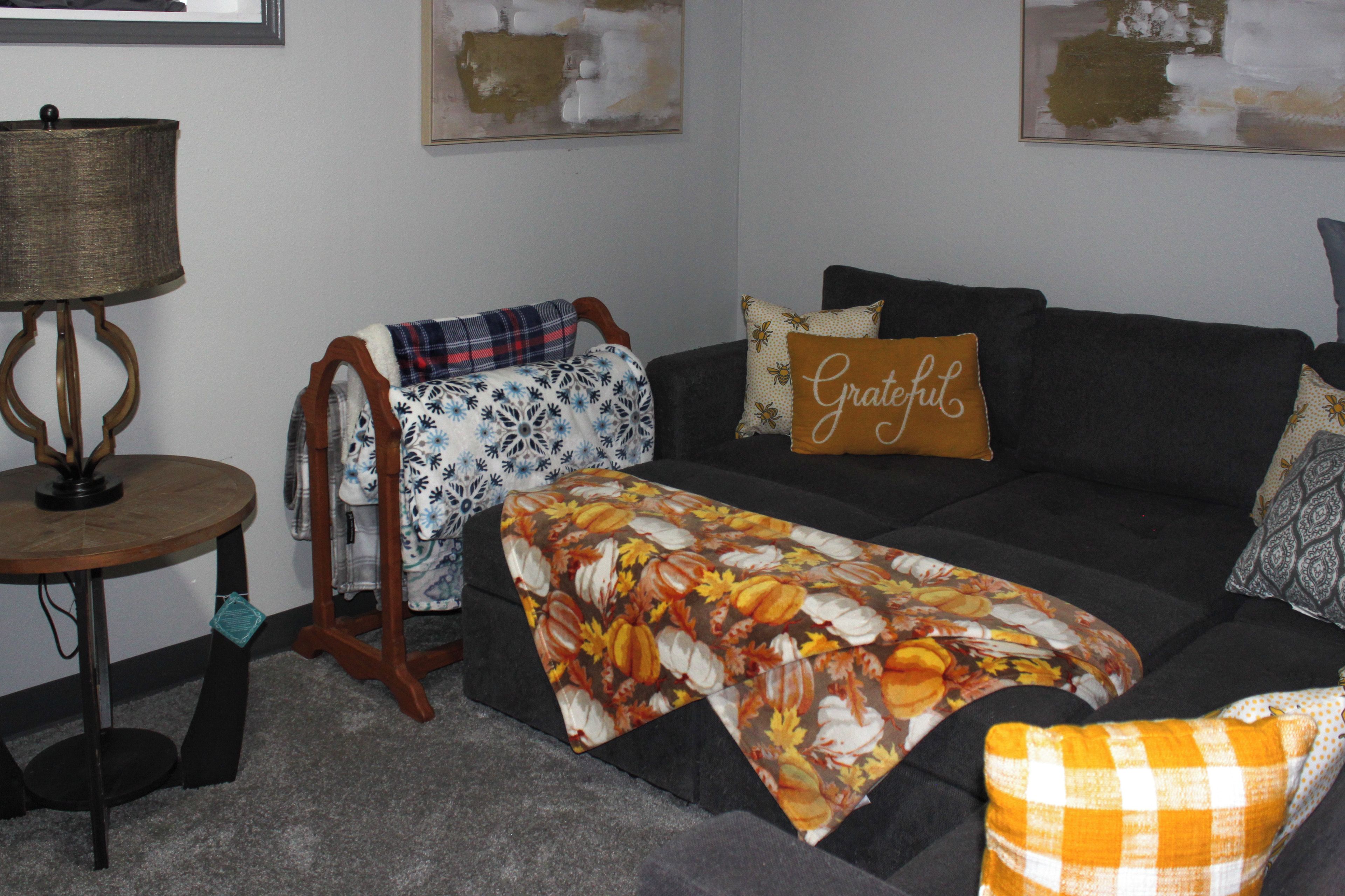 A living room with a dark sofa, a patterned throw blanket, a lamp, and a wall with two framed artworks.