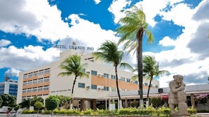 A hotel with a sign reading 'HOTEL GRANDE RIO' and a statue of a man holding a child in front of it. - Hotel Grande Rio (Petrolina)