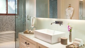 A modern bathroom with a large rectangular sink, a glass shower enclosure, and a large mirror. - Azul Villa Casa Del Mar By Karisma (Puerto Morelos)