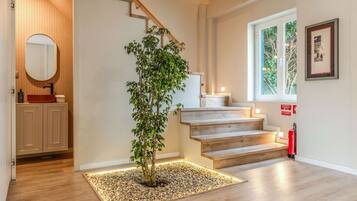 A staircase with wooden steps and a small tree in a planter at the bottom.
