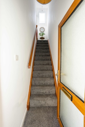 Eine Treppe mit Teppich belegten Stufen und hölzernen Geländern, die zu einer Tür mit satiniertem Glas führt.