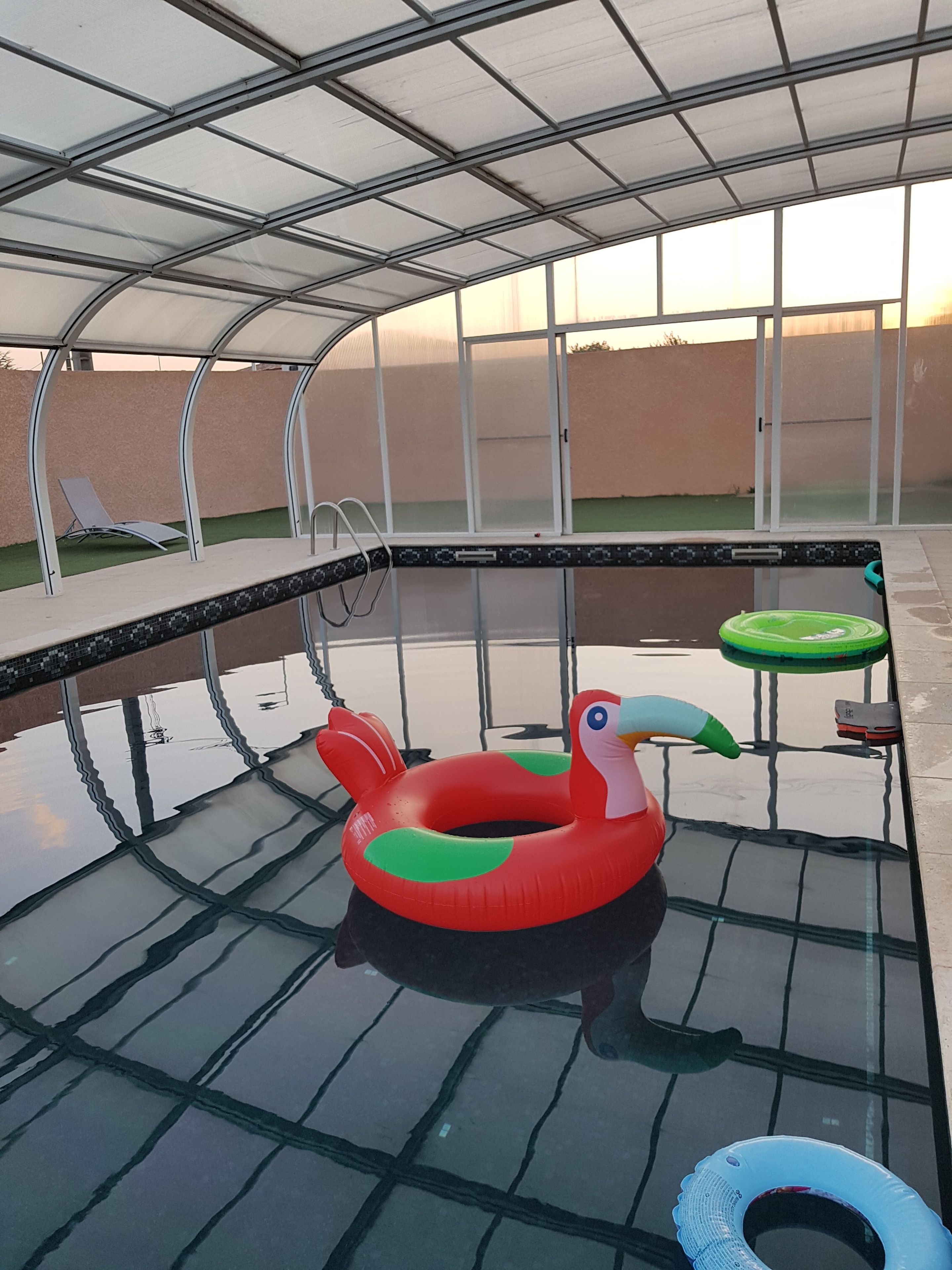 Una piscina interior con techo de cristal, un flotador de flamenco inflable rojo y un flotador circular verde.