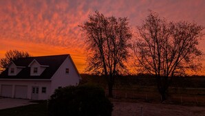 A house with a garage, a driveway, and a tree in the foreground. - 4-bedroom updated Farmhouse just 40 minutes north of Milwaukee (Cedar Grove)