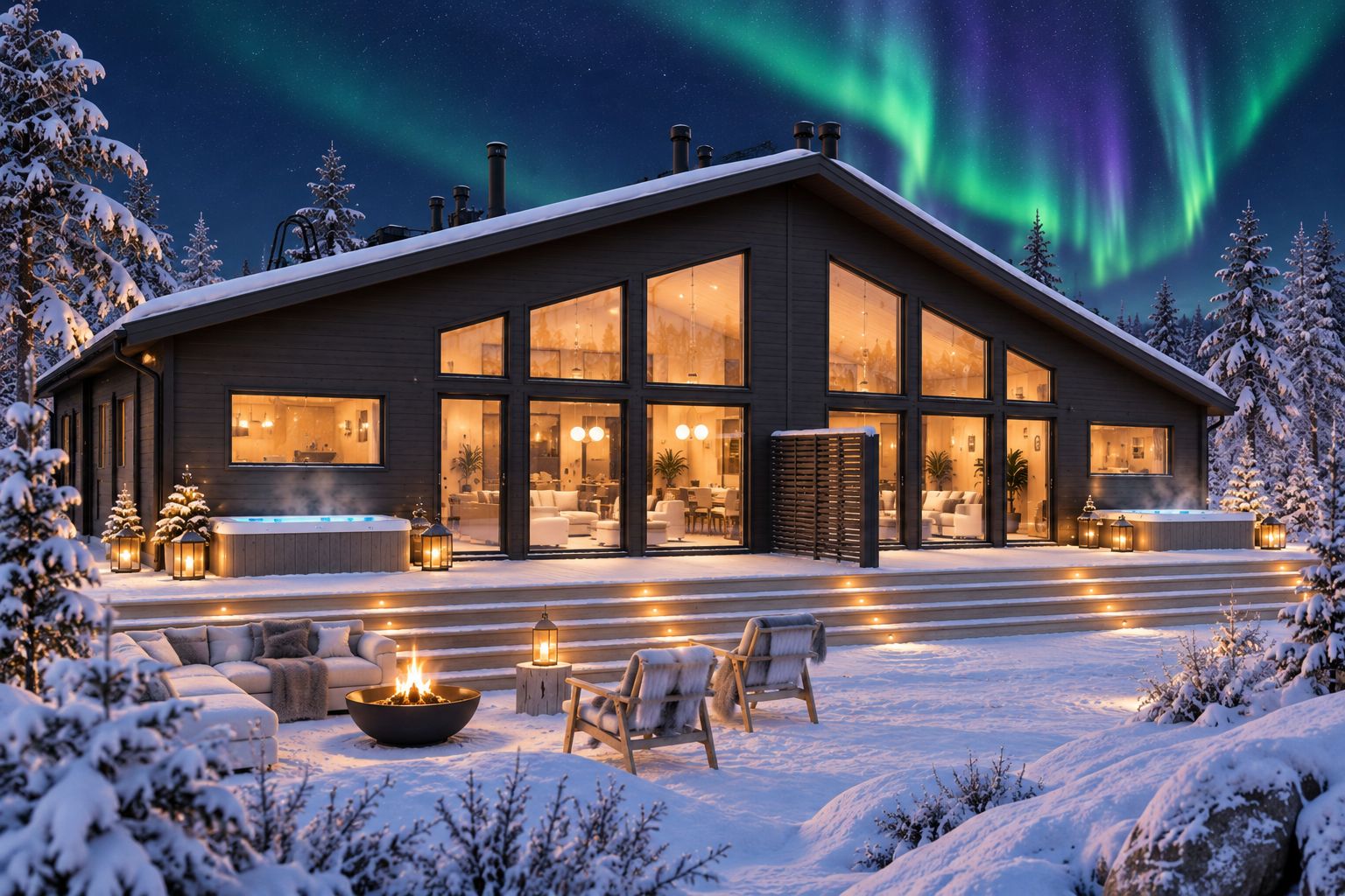 Una casa moderna con ventanas amplias, una bañera de hidromasaje y una chimenea en un paisaje nevado.
