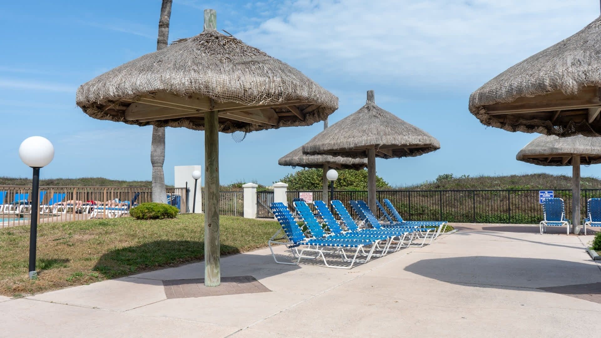 A poolside area with thatched umbrellas, blue lounge chairs, and a clear sky.