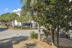 A paved street lined with palm trees and a building with a white facade. - 5BR Pet-Friendly Blue Mountain Beach Home | Gulf views & Community Pool (Santa Rosa Beach)
