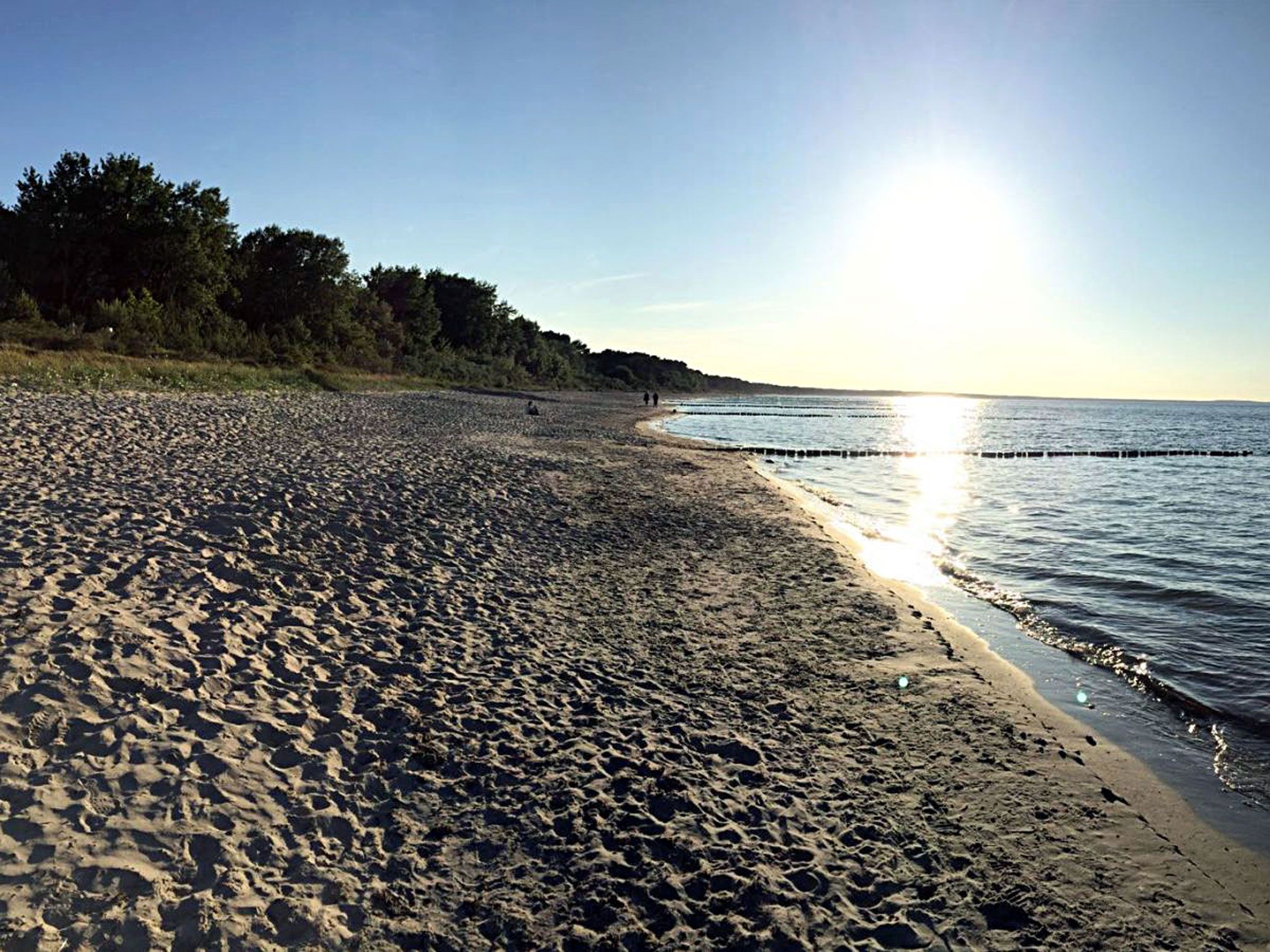 A beach with a clear sky, calm water, and a distant shoreline.