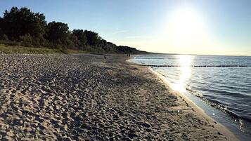A beach with a clear sky, calm water, and a distant shoreline.