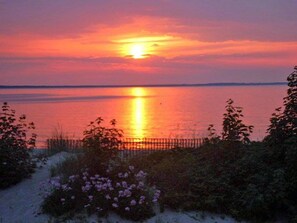 A sunset over a body of water with a fence and vegetation in the foreground. - Right on the sandy Baltic Sea beach with a view of the sea!, Wi-Fi, washing machine, accommodates up to 3 people (Glowe)