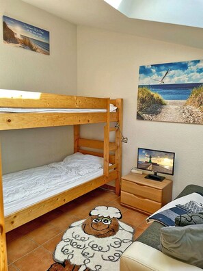 Une chambre avec un lit superposé, une télévision et un petit bureau.