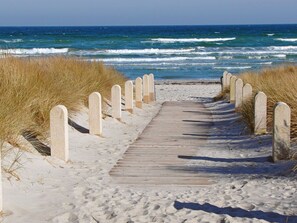 Pasarela de madera que lleva a la playa, con hierba alta a ambos lados.
