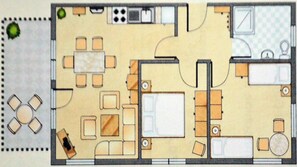 A hotel room layout with a dining area, a separate bedroom, a bathroom, and a kitchenette. - 1st floor with ocean view, high-end amenities, 25 m from the sandy beach (Baltic Sea) (Juliusruh)