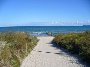 A sandy beach path leading to the sea with a wooden pier in the distance. - Right on the beach, upscale amenities, 25 meters to the sandy beach, Wi-Fi (Juliusruh)