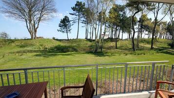 A balcony with a view of a grassy area and trees, a table, and two chairs.