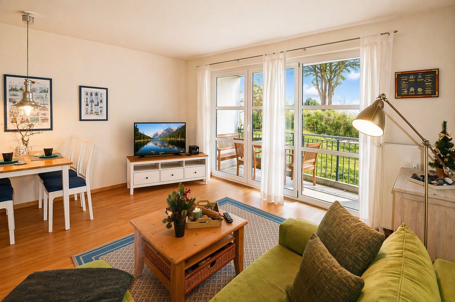 Ein Wohnzimmer mit Fernseher, Essbereich und Balkon mit Blick.