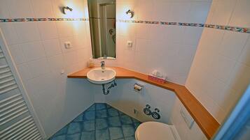 A bathroom with a sink, mirror, toilet, and shower.