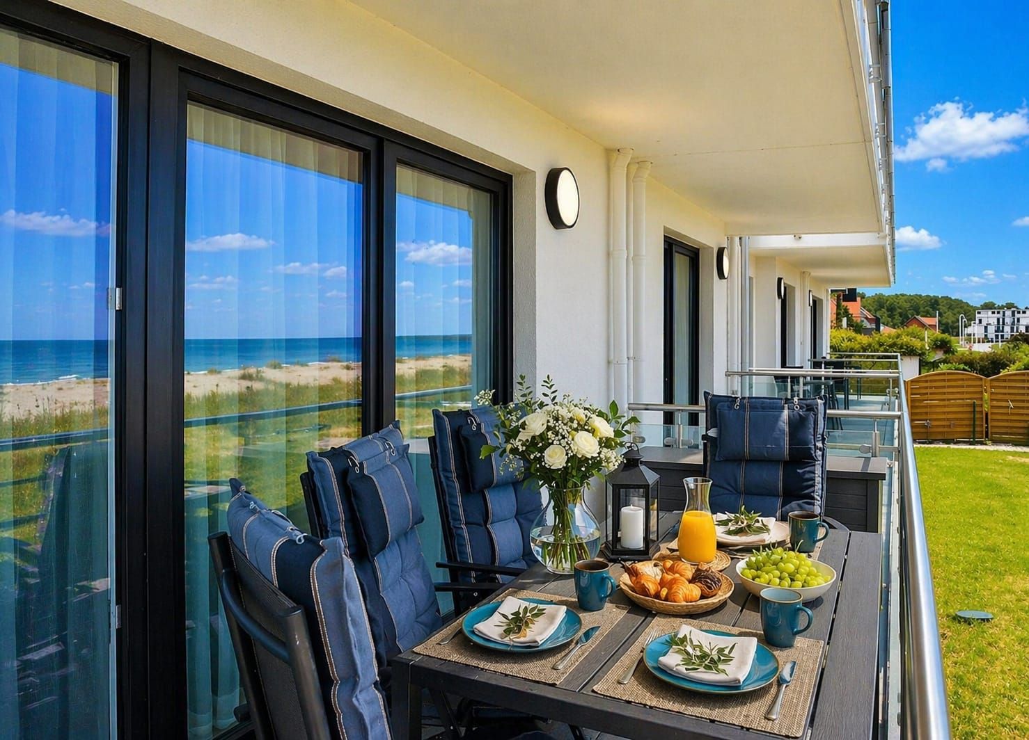 A balcony with a table set for breakfast, overlooking a beach.