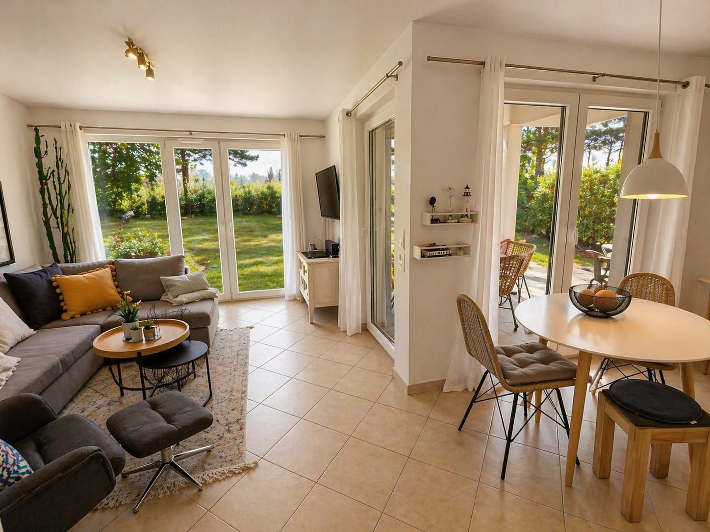 A modern living room with a sofa, coffee table, and chairs, a dining area with a table and chairs, and large sliding glass doors leading to a garden.