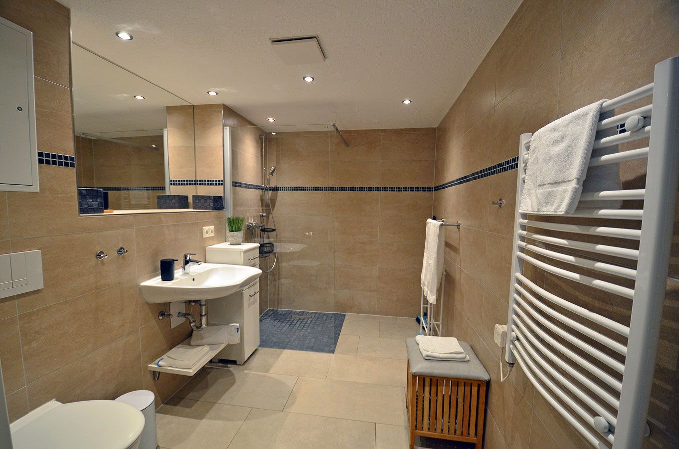 A modern bathroom with a shower, sink, toilet, and a towel rack.