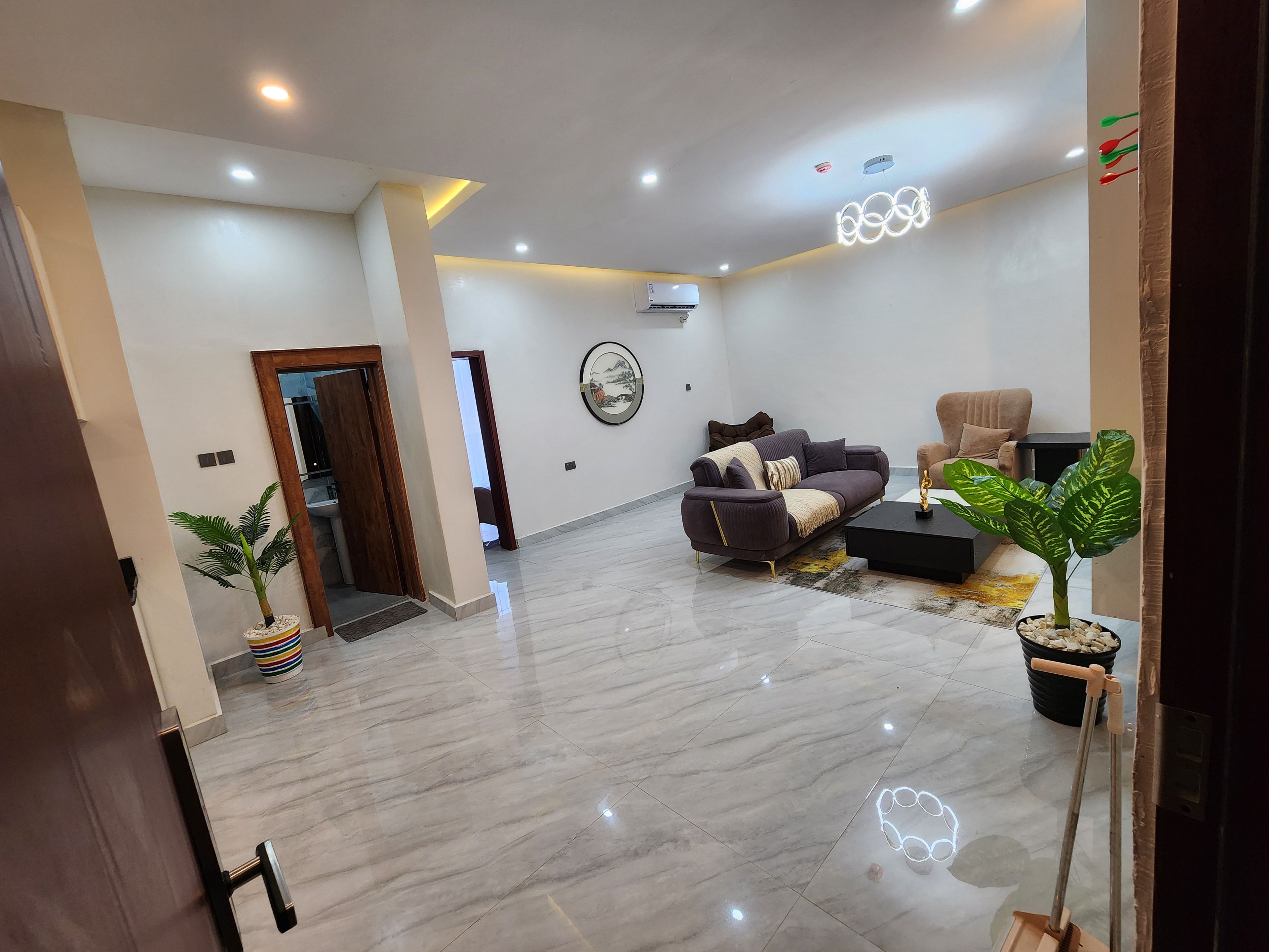 A spacious living area with a sofa, a coffee table, and a potted plant.