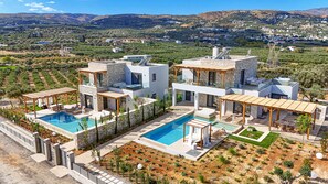 A modern villa with a swimming pool, outdoor seating, and a view of the surrounding landscape. - Black Olive Villas (Pigi)