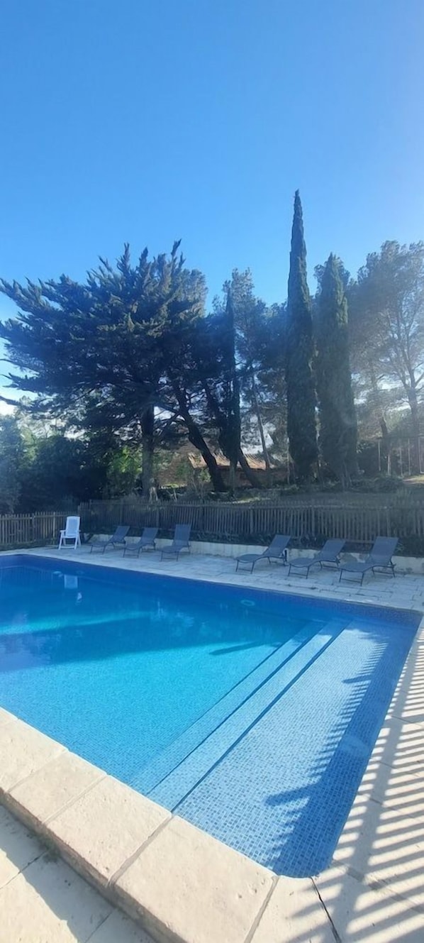 Ein Schwimmbecken mit Liegestühlen und einem Zaun.