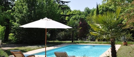 A swimming pool with two lounge chairs and a white umbrella.