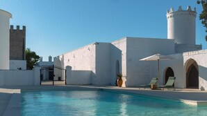 Una piscina con una struttura simile a un castello sullo sfondo, un cancello e sedie a sdraio.