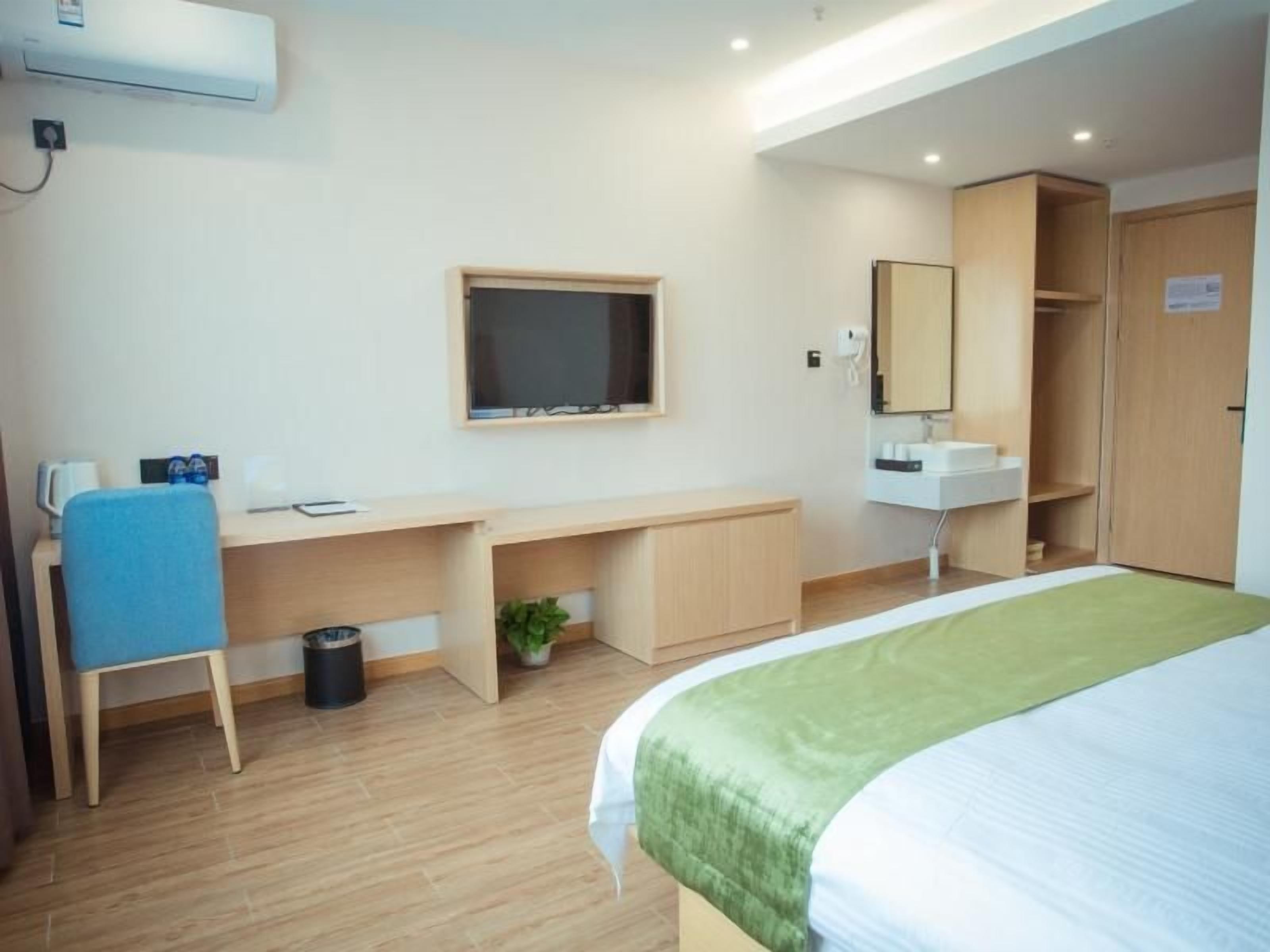 Habitación de hotel con cama, escritorio, silla, televisor, armario y una planta pequeña.