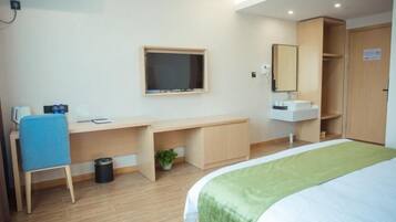 Habitación de hotel con cama, escritorio, silla, televisor, armario y una planta pequeña.