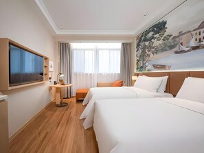 A hotel room with two beds, a TV, a desk, and a painting on the wall. - Vienna 3 Best Hotel (Lu'an)