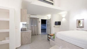 Habitación de hotel con una cama, un escritorio con microondas, armario, espejo y televisor.