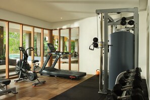 A modern home gym with a treadmill, stationary bike, and weightlifting equipment.